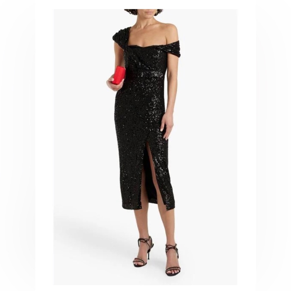NWT BADGLEY MISCHKA One-shoulder draped black sequined tulle midi dress Sz US 8